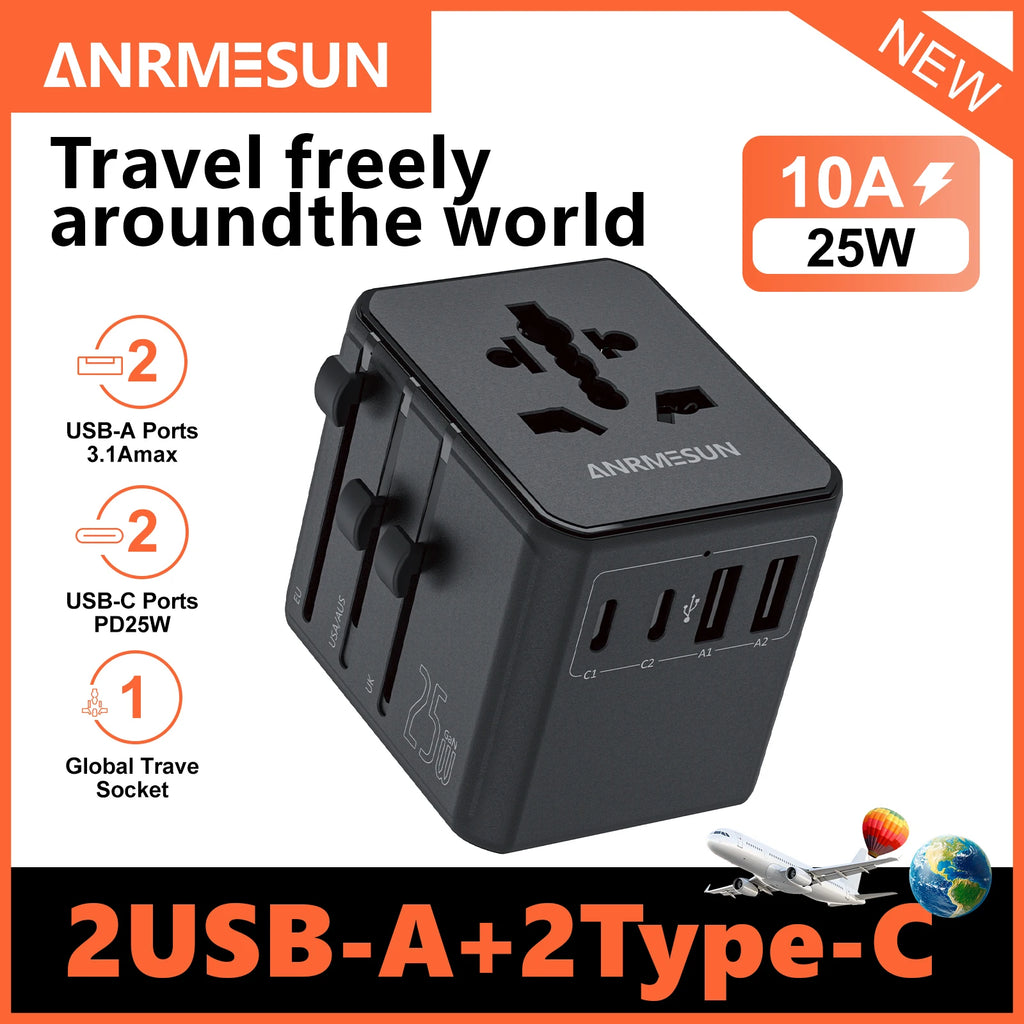 65W/45W/25W GaN Universal Travel Adapter with 2 USB 2 Type C Fast Charging All-in-one Travel Charger EU/UK/USA/AUS for Travel