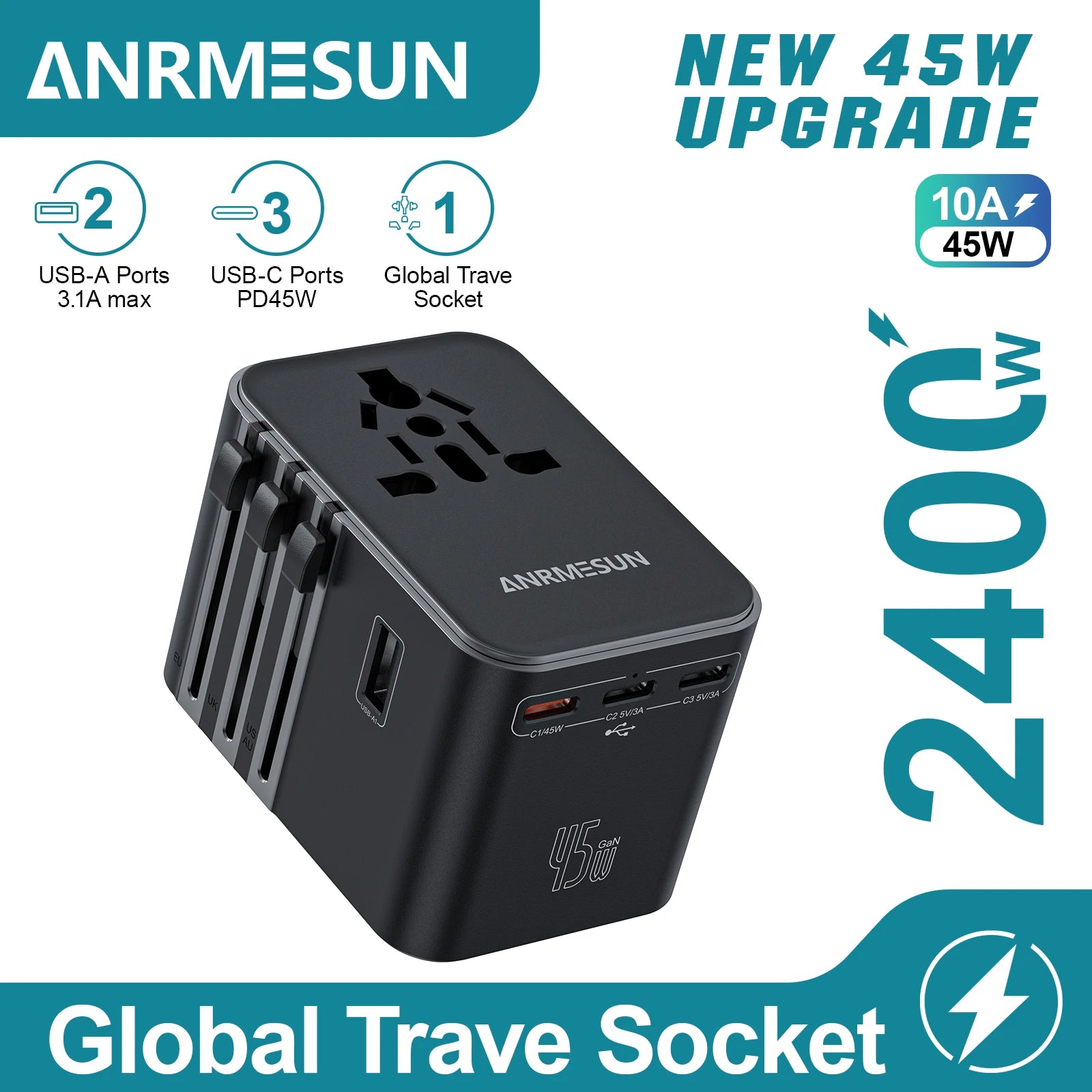 65W/45W/25W GaN Universal Travel Adapter with 2 USB 2 Type C Fast Charging All-in-one Travel Charger EU/UK/USA/AUS for Travel