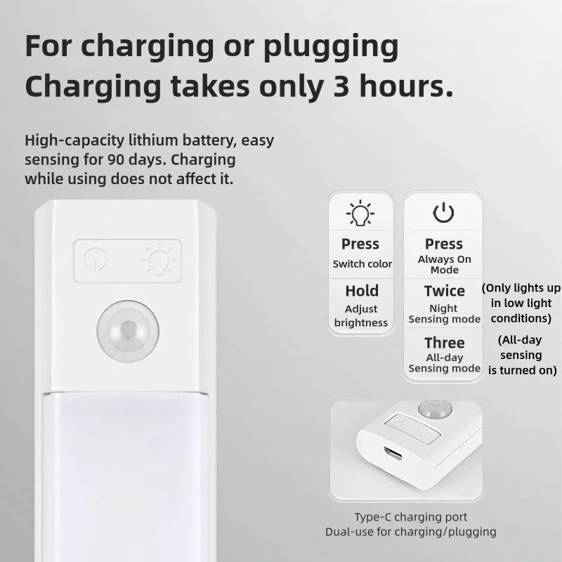10-50cm Motion Sensor Light Night Wireless Lamp LED USB Battery Rechargeable Wall for Bedroom Kitchen Lighting Lights Room Decor