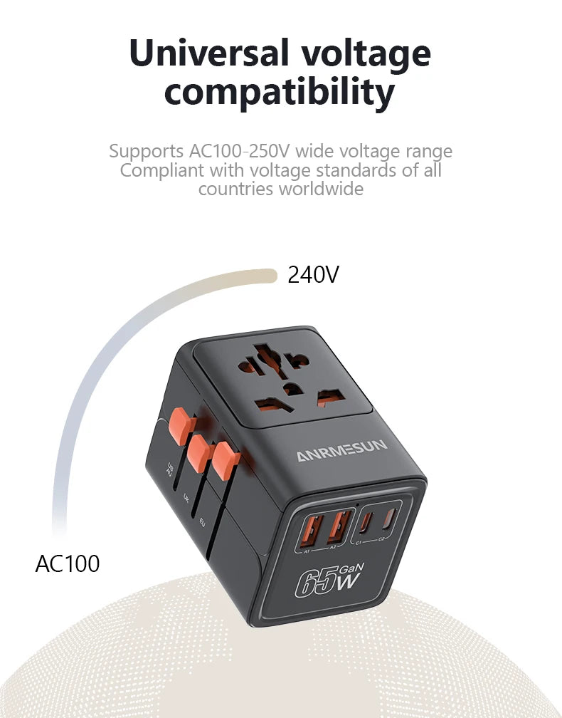 65W/45W/25W GaN Universal Travel Adapter with 2 USB 2 Type C Fast Charging All-in-one Travel Charger EU/UK/USA/AUS for Travel