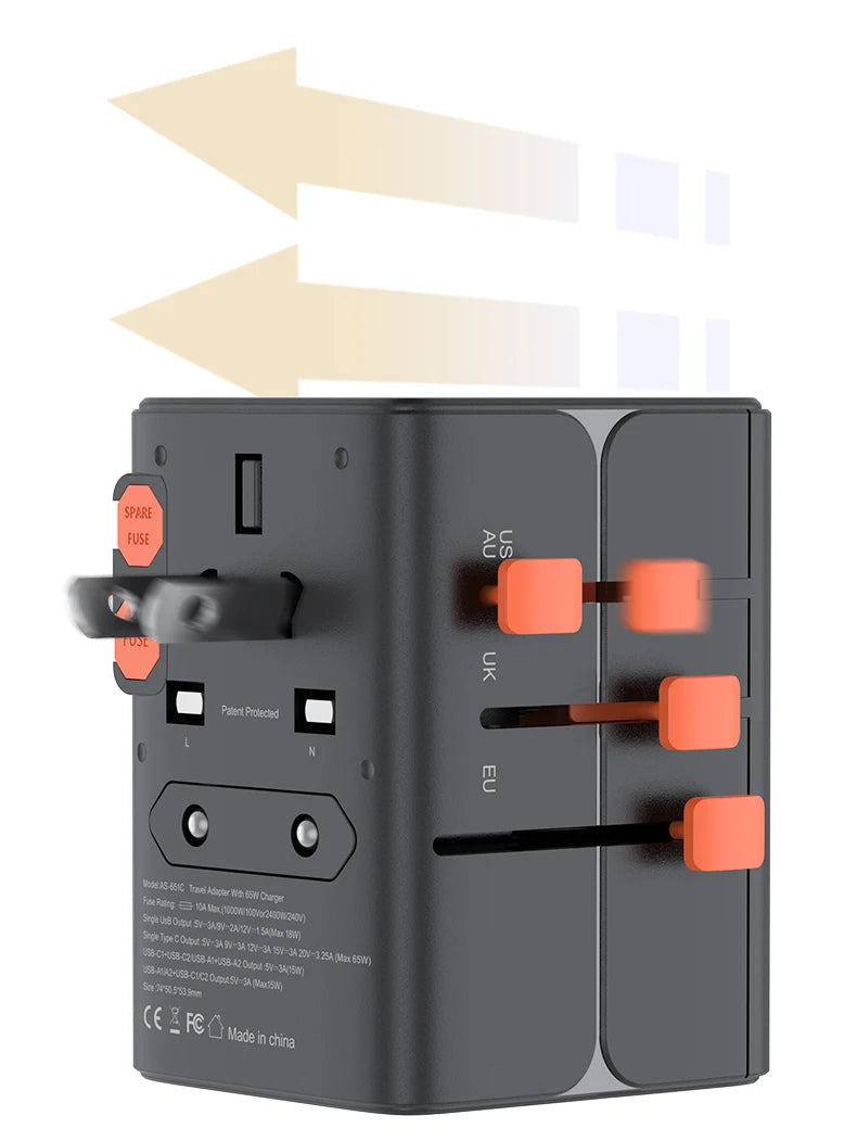 65W/45W/25W GaN Universal Travel Adapter with 2 USB 2 Type C Fast Charging All-in-one Travel Charger EU/UK/USA/AUS for Travel