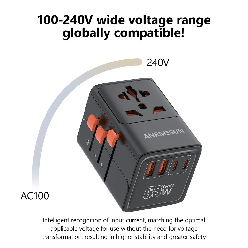 65W/45W/25W GaN Universal Travel Adapter with 2 USB 2 Type C Fast Charging All-in-one Travel Charger EU/UK/USA/AUS for Travel