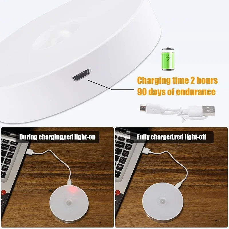 2~6 Pack Motion Sensor LED Night Light USB Rechargeable 3 Color Night Lamp Cabinet Wardrobe Lamp Staircase Wireless Closet Light