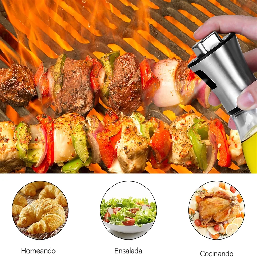 Oil Sprayer, Extremely Precise Oil Spray Bottle with funnel,Made of Stainless Steel and Glass, 200ML Oil Sprayer for Cooking