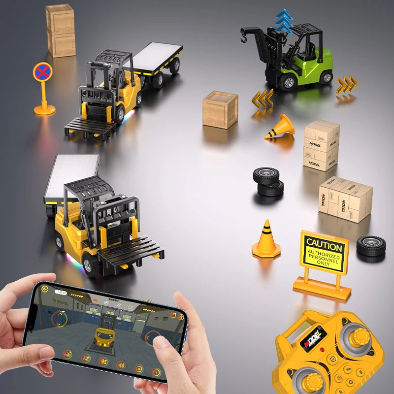 1: 64 Mini Remote Forklift Set, Lighting and Music, Durable Alloy Material, Supports APP Mobile Connection, Halloween Gift