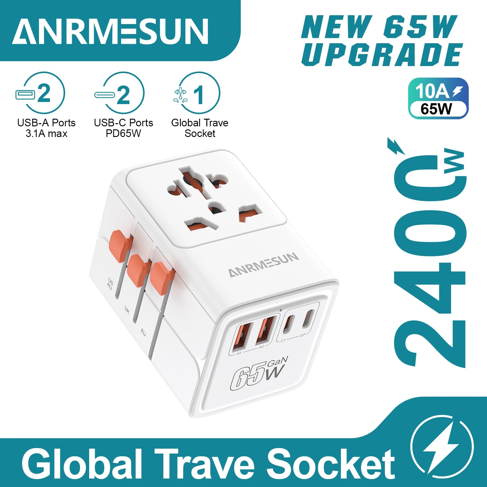 65W/45W/25W GaN Universal Travel Adapter with 2 USB 2 Type C Fast Charging All-in-one Travel Charger EU/UK/USA/AUS for Travel