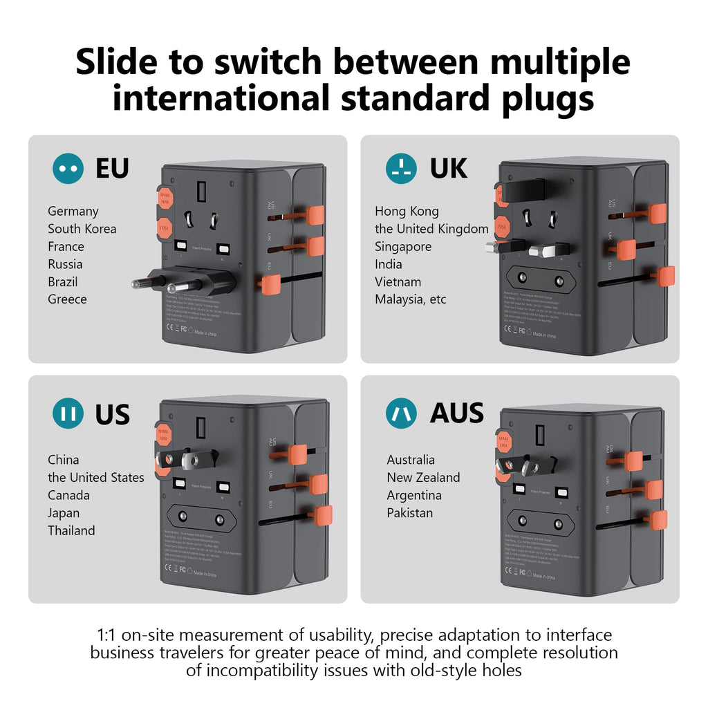 65W/45W/25W GaN Universal Travel Adapter with 2 USB 2 Type C Fast Charging All-in-one Travel Charger EU/UK/USA/AUS for Travel