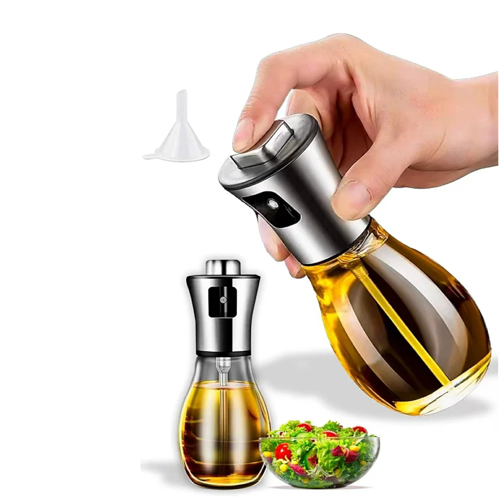Oil Sprayer, Extremely Precise Oil Spray Bottle with funnel,Made of Stainless Steel and Glass, 200ML Oil Sprayer for Cooking