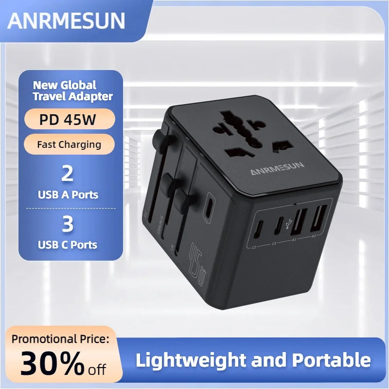 65W/45W/25W GaN Universal Travel Adapter with 2 USB 2 Type C Fast Charging All-in-one Travel Charger EU/UK/USA/AUS for Travel