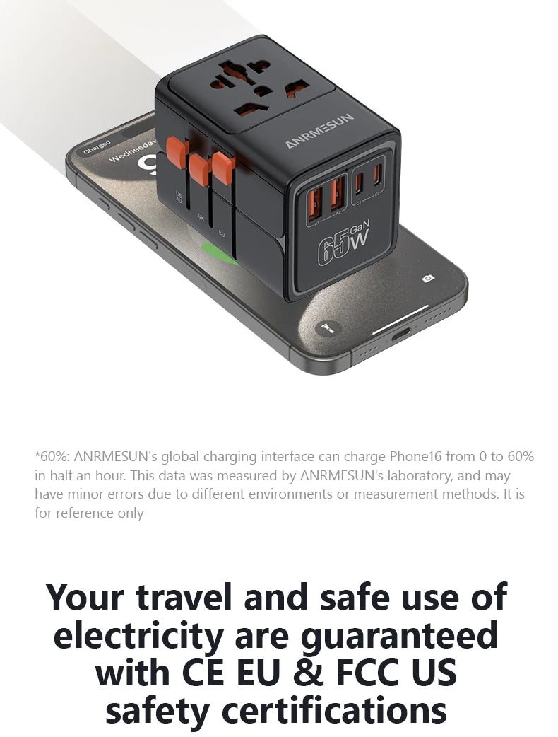 65W/45W/25W GaN Universal Travel Adapter with 2 USB 2 Type C Fast Charging All-in-one Travel Charger EU/UK/USA/AUS for Travel